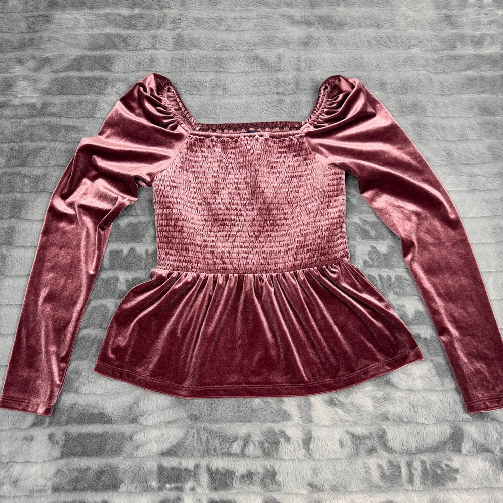 Gap Womens Mauve Pink Velvet Smocked Peplum Top Square Neck Puff Sleeve XS